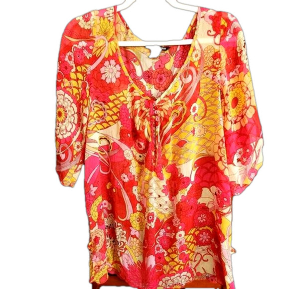 H & M Boho Sheer Summer Top Size L yellow & orange paisley design - Picture 1 of 4